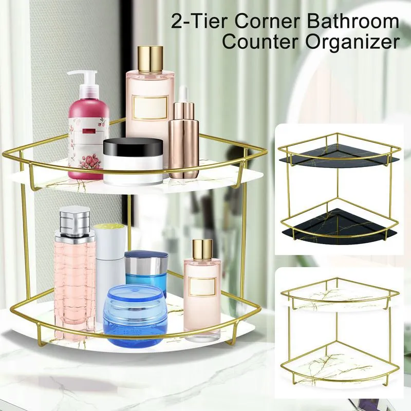 2 Tier Corner Bathroom Counter Organizer Metal Counter Corner Shelf with  Marbled Glass Tray Vanity Organizer Counter Corner Shelf Corner Bathroom  Counter Organizer for Kitchen