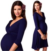 【DT】hot！ Dresses Maternity V-neck Three Quarter Sleeve Pleated Pregnancy Evening