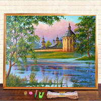 Tree Lake Landscape Printed 11CT Cross Stitch Complete Kit DIY Embroidery DMC Threads Craft Handiwork Painting Jewelry