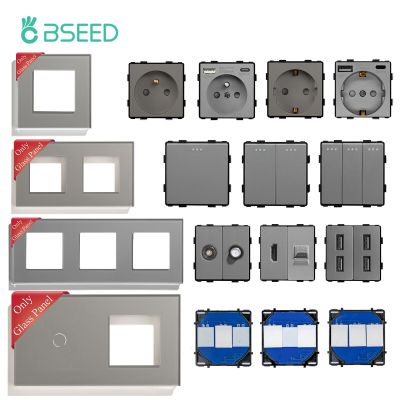 BSEED EU 1/2/3Gang Mechanical Button Switches 1Way Wall Socket Glass Panel Touch Switch Function Parts DIY Free Combination