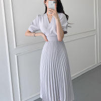 High Quality New Women Summer Clothes Elegant V-Neck Slim Office Lady Casual A-Line Bandge Pleated Dress Vestidos