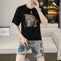 【Hot Sale】 summer casual mens set 2023 new Korean fashion print T-shirt five-point suit