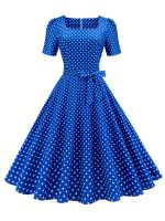 xixibeauty Polka Dot Bow Front Dress, Vintage Elegant Square Neck Short Sleeve Dress, Womens Clothing