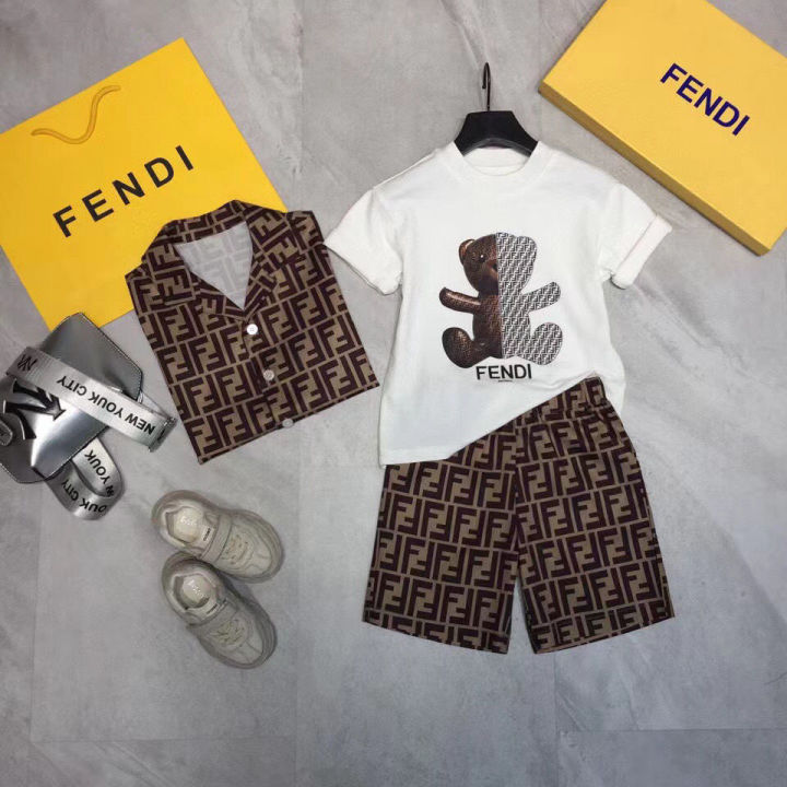 fendi-ใหม่เสื้อเด็กแขนสั้นสูทผู้ชายและผู้หญิงชุดเด็กกางเกงแขนสั้นสูทแบบสองชิ้น