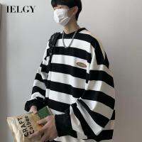 IELGY สไตล์ญี่ปุ่นคมชัดสีแขนยาวย้อนยุคลายเสื้อยืดผู้ชาย