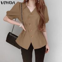 Vonda เสื้อเบลาส์ลําลอง คอวี แขนสั้น ผ่าข้าง สีพื้น สไตล์เกาหลี สําหรับผู้หญิง