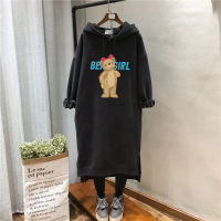 ผู้หญิง Hoodie Dress Plus ขนาด4XL 2022ฤดูใบไม้ร่วงและฤดูหนาวใหม่แฟชั่นหมีพิมพ์ขนแกะหลวมสบายๆกลางความยาวชุดสำหรับผู้หญิง