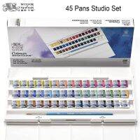 Winsor &amp; Newton Cotman เม็ดสีน้ำแข็ง45กระทะครึ่งและแปรงทาสี