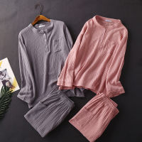 Japanese spring and autumn ladies pure cotton long-sleeved trousers pure color simple pajamas home service suit women sleepwear