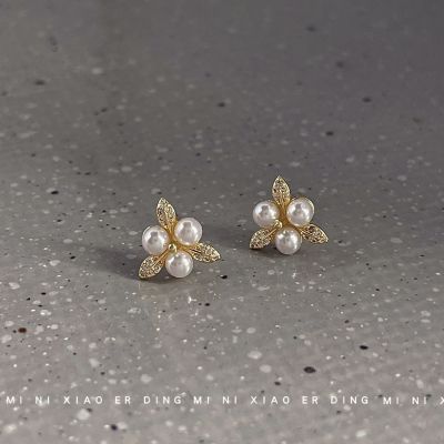 [COD] version micro-inlaid zircon 925 silver needle plated 14K clover flower earrings simple and versatile ins factory