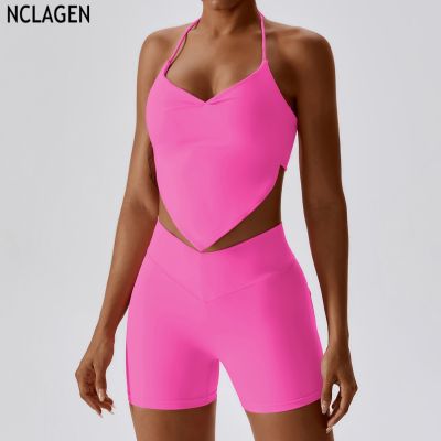 NCLAGEN Sexy Yoga Suit Womens Nude Sports Tank Top Vest And Shorts Leggings Set Casual Beauty Back Yoga Gym Workout Breathable