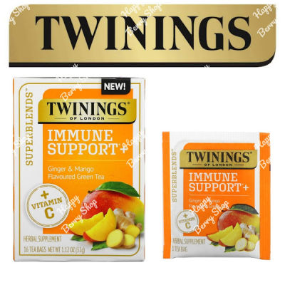⭐ Twinings ⭐Superblends Immune Support+Vitamin C Ginger&amp;Mango Green Tea ชาทไวนิงส์ ชาสมุนไพรสูตรเพื่อสุขภาพ Superblends Collection แบบกล่อง16ซอง ชาอังกฤษ นำเข้าจากต่างประเทศ