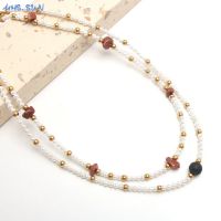 MHS.SUN Boho Natural Stone Pearl Pendant Necklace Unise Stainless Steel Double Layer Beads Collar Chain Jewelry Anniversary Gift