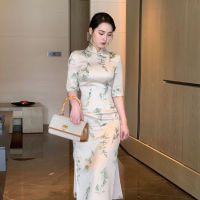 ใหม่ Cheongsam ชาแบ่งหนุ่มสไตล์หวานสง่างาม Qipao ชุด2021ฤดูร้อนที่ดีขึ้นดอกไม้ผู้หญิงแต่งตัว