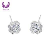 {Han ornaments}AIDAILA 100 Real 925 Sterling Silver Women Stud Earrings With Flower Pattern Shape Design Shinny Big Zircon Trendy Gift EY00174