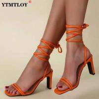 2022 Summer Fashion Orange Ankle Cross Strap Women Sandals Sexy Lace Up Square Toe Kopmkp Female High Heels Party Shoes