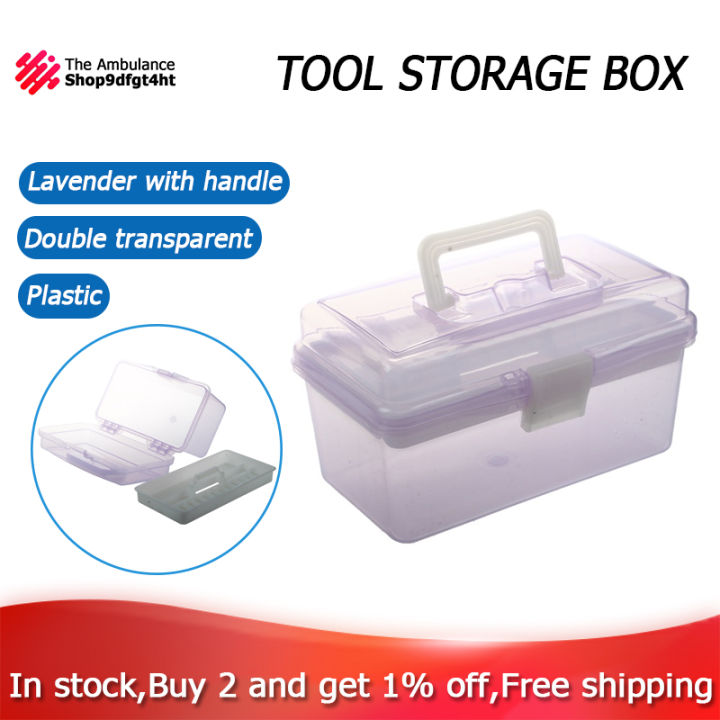Plastic Handle 2 Layer Hardware Tools Storage Box, Clear Purple