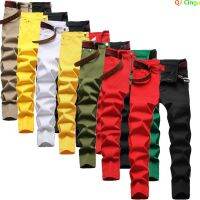 Two Colors Spliced Into Jeans Mens Fashion Casual Trousers and Shorts Red Green Yellow Denim Pants 28-38