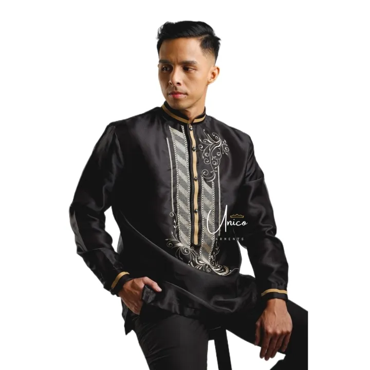 Barong Tagalog for Men Piña Organza with Lining Black with Rustic ...