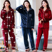 2 Pieces Winter Women Thicken Warm Soft Pajamas Female Flannel Pajamas Set Mujer Long Sleeve Sleepwear for Girls Ladies Pyjamas