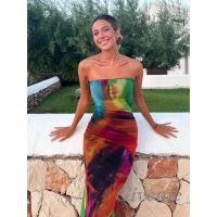 COD DSFDGESERRRRR GIVEME-Women Off-shoulder Mesh Dress Summer Tie-dye Sleeveless Backless Long Party Tube Dress Beach Streetwear