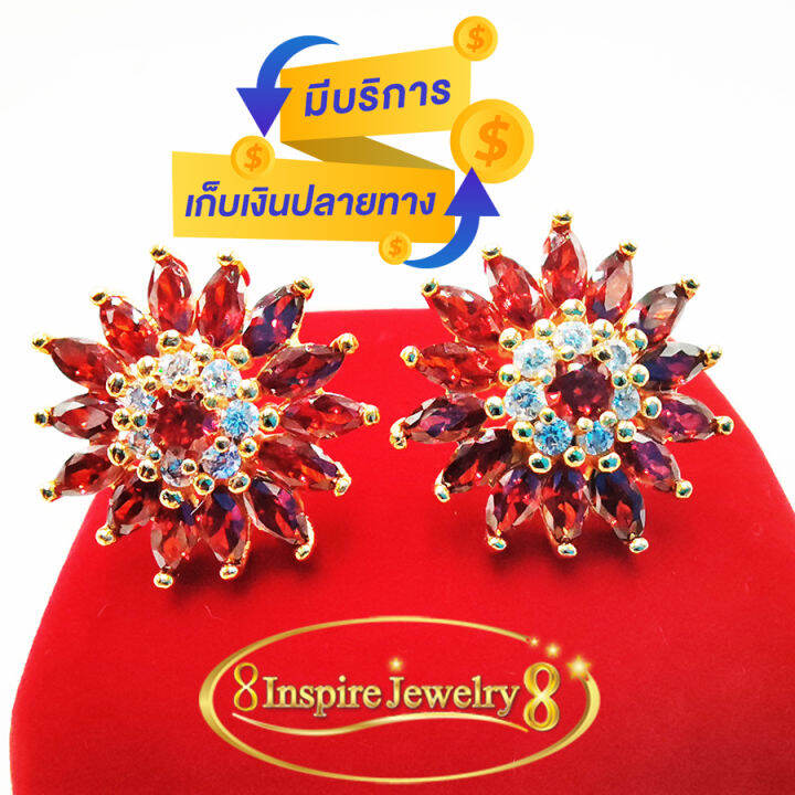 inspire-jewelry-ต่างหูฝังพลอยโกเมนเหลี่ยมมาคี-เม็ดกลางเป็นโกเมนกลมล้อมเพชรรอบ-size-1-8cm-งานปักก้าน-งานจิวเวลลี่-gold-plated-100