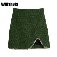 Willshela Women Fashion Mini Skirt with Chain Detail High-waist Front Slit Hem Invisible Back Zipper Chic Lady Woman Short Skirt