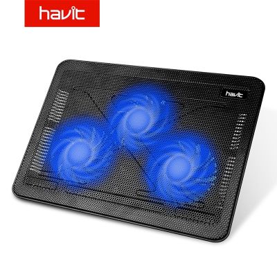 Havit Laptop Cooler Cooling Pad Slim Portable 15.6"-17" USB Powered 3 Quiet Fans Black/Blue HV-F2056