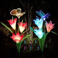 ☋ 3 Head Led Solar Lily Flower Butterfly Dragonfly Garden Lamp 7 Color Change Lighting Lily Rose Light Lawn Lamp Landscape Decor