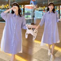 350# Maternity Dress Summer Cotton Plaid Turn Down Collar Short Sleeves Loose Stylish Dress Women Mom Dress