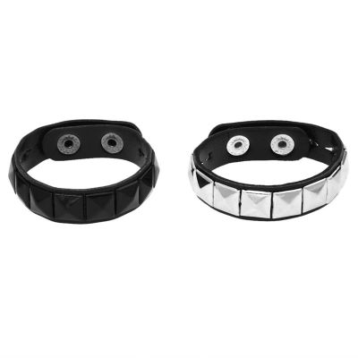 2Pcs White Rivet + Black Rivet Punk Pyramid Studded Artificial Leather Bracelet Wristband