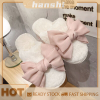 hanshi [2023 new HOT FASHION] lazlook รองเท้าแตะขนเฟอร์กันลื่นสำหรับผู้หญิงมีโบว์สำหรับใส่ในบ้านนุ่มน่ารักให้ความอบอุ่น