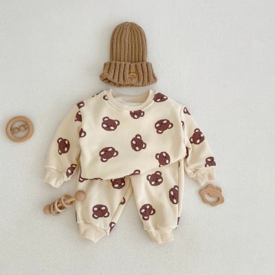 [COD] ins 2022 winter baby bear head print suit male and female plus fleece thick top 2-piece set