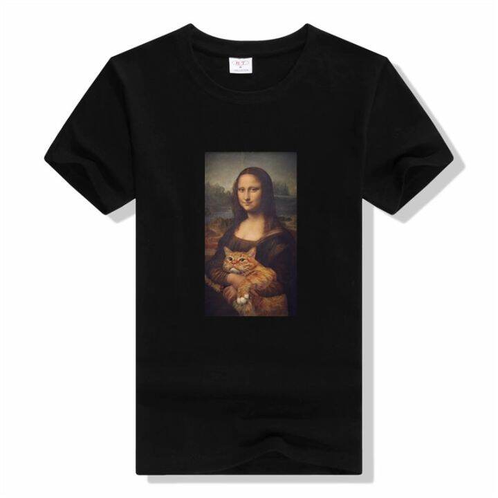 funny-mona-lisa-hugging-cat-lovely-printed-tshirt-for-gothic-tshirt-cute-kawaii-tee-shirts-gildan-spot-100-cotton