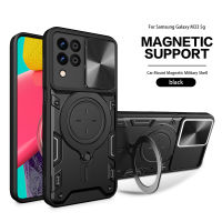 QVIZZ เคสโทรศัพท์ M53เลนส์กล้องถ่ายรูปสไลด์ปลอกสำหรับ Samsung กาแล็คซี่ M33ฝาแข็งติดในรถยนต์ที่หรูหรารองรับแม่เหล็กเกราะกันกระแทกขอบซิลิโคนนิ่ม