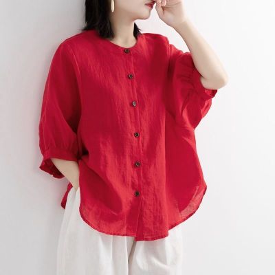 Js Women Shirts Summer Tops Cotton Linen Blouse Lantern Sleeves Vintage Loose Medium Sleeves Plus Size Shirt Ladies2022
