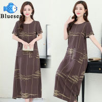 2022 New Fashion Women Ice Silk Dress Soft Comfortable Smooth Skin-friendly Breathable Printed Short Sleeve Mid-waist Long A-line Dress for Women