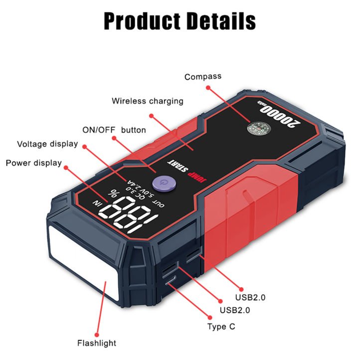 รถบรรทุกแบตสำรองใช้สตาร์ทรถแหล่งจ่ายไฟพกพา20000คันสำหรับรถยนต์-usb-และอีกมากมายรถจักรยานยนต์และชาร์จไฟแบบมีสาย