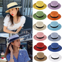 [hot]Summer Unisex Flat Top Sun Hats For Women And Men Solid Color Wide Brim Black Ribbon Beach Straw Hat Foldable Holiday Cool Caps