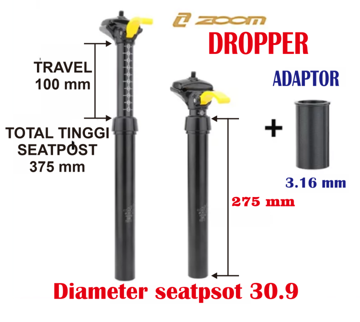 Seatpost Zoom Dropper Seatpost Hidrolik Telescopic Sepeda 30.9 with adaptor 31.6 mm manual