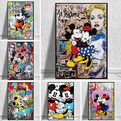 Graffiti Art Mickey และ Minnie ภาพวาดผ้าใบ-Street Art โปสเตอร์และพิมพ์ภาพผนังศิลปะสำหรับห้องนั่งเล่นตกแต่งบ้าน
