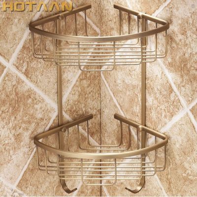 ♘♦ . Wall Mounted Antique finish brass Bathroom Shower shampoo Shelf Basket Holder Fashion Double Layer YT7006