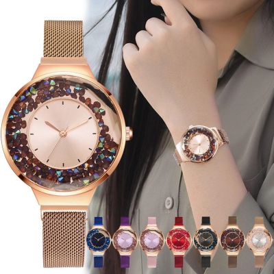 （A Decent035）ผู้หญิงสำหรับนาฬิกาแม่เหล็กวงสุภาพสตรีสีชมพูนาฬิกาข้อมือกลิ้ง Rhinestone นาฬิกา Relógio Feminino