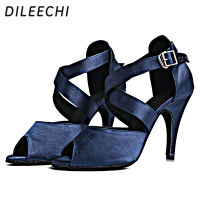 DILEECHI รองเท้าเต้นรำละตินสีน้ำเงินเข้มซาตินผู้หญิงส้นสูง10ซม. Outsole นุ่ม