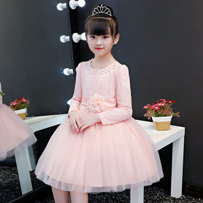 Children Party Dress Flower Girl Long-Sleeved Ball Gown Birthday Gift Mesh Robe Wedding Evening Clothes
