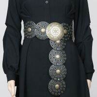 ◑✒✲  2023 Goth Leather Waist Rivet Circular Disc Pin Buckle Punk Dresses