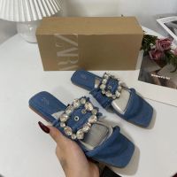 Flat Bottomed Shoes for Women with Diamond Studded Square Buckles, 2023 Summer Z~A New Style Rear Air Sandals, Womens Square Head Denim Shoes