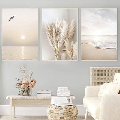 3Pcs Beige Grass Sunset Beach Palm Tree Canvas Painting Nordic Posters and Prints Wall Pictures for Living Room Decor