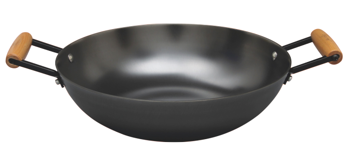 La gourmet 32cm x 9cm Nitrigan Cast Iron Open Wok with Double Wood Handles  with Induction