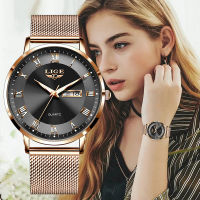 Womens Watches Japan Quartz Movement High Quality Ultra-Thin LIGE Watch Stainless Steel Mesh Rose Gold Waterproof Ladies Clocks